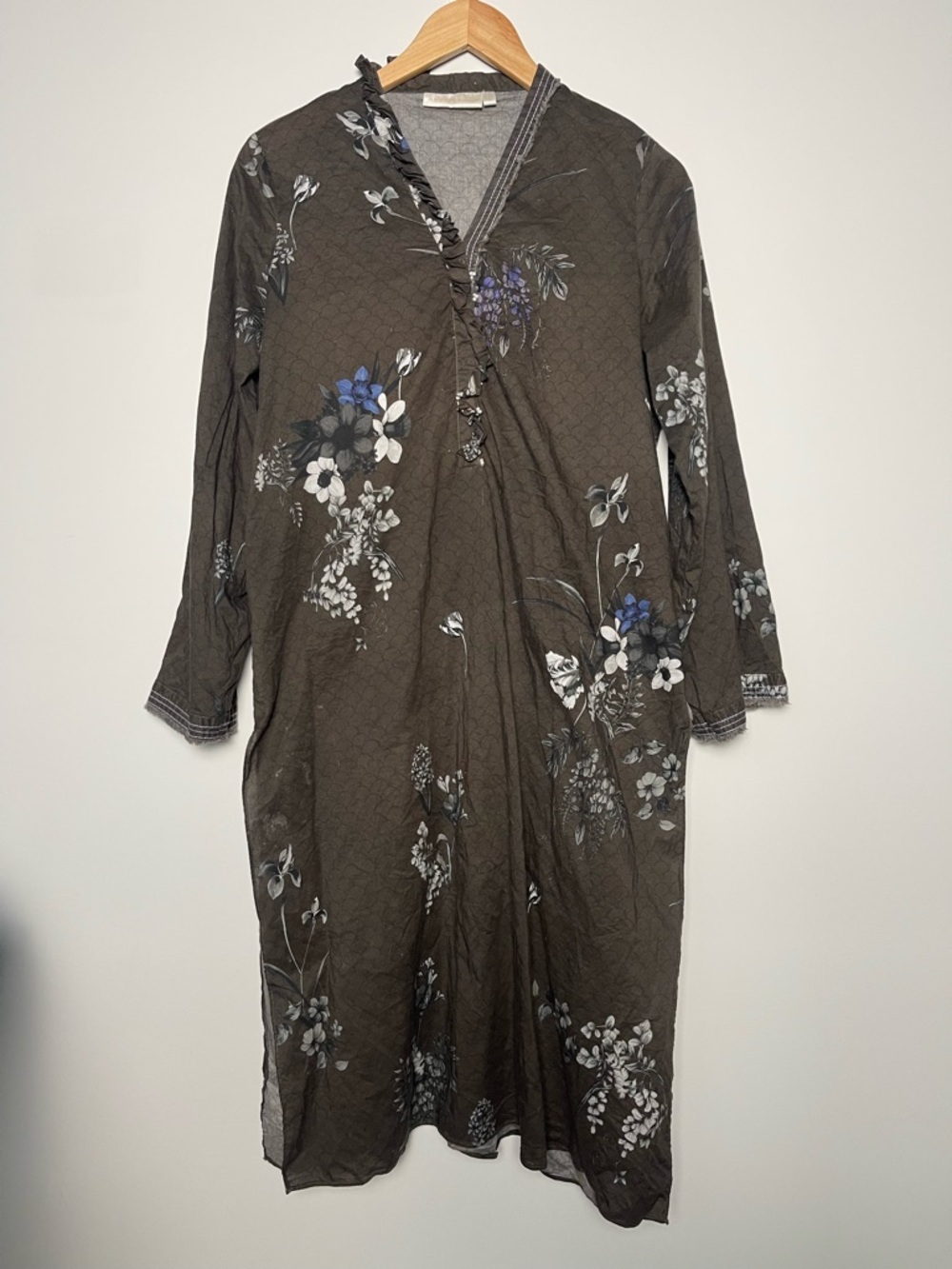 AMARRA KHAN | Brown Floral Cotton Tunic Dress Side Vents Made in Pakistan